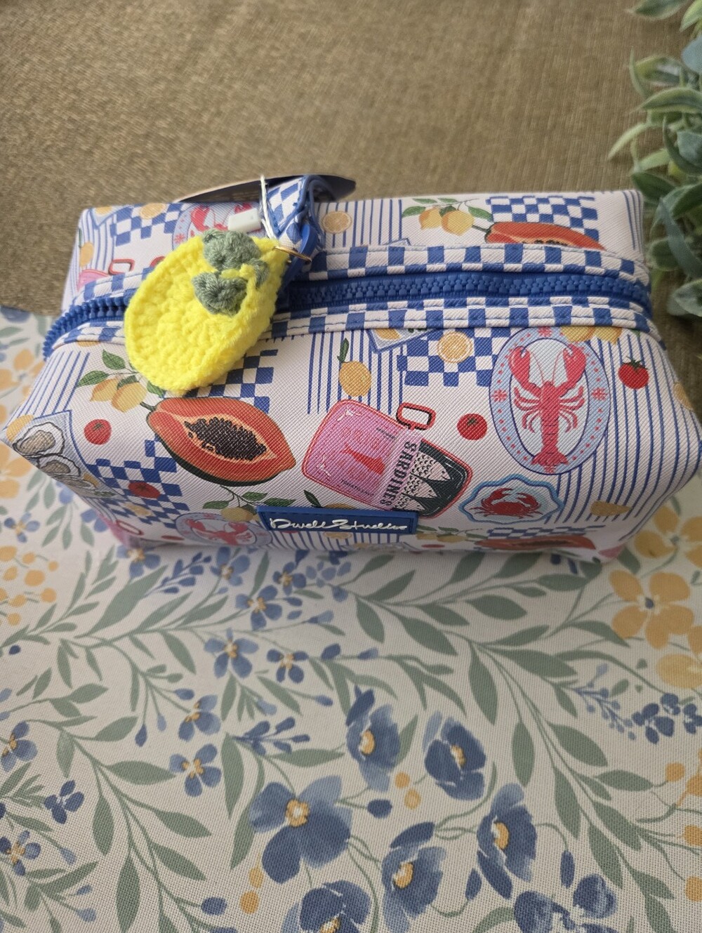 Blue Patterned Cosmetic  Pouch with Yellow Lemon Charm